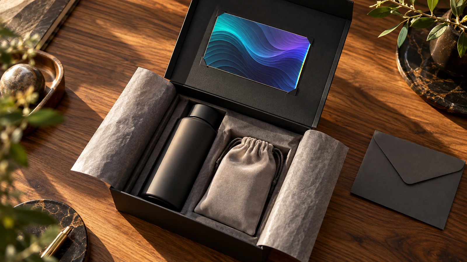 Open premium launch kit box with tissue paper, product and a lenticular card insert catching light at an angle