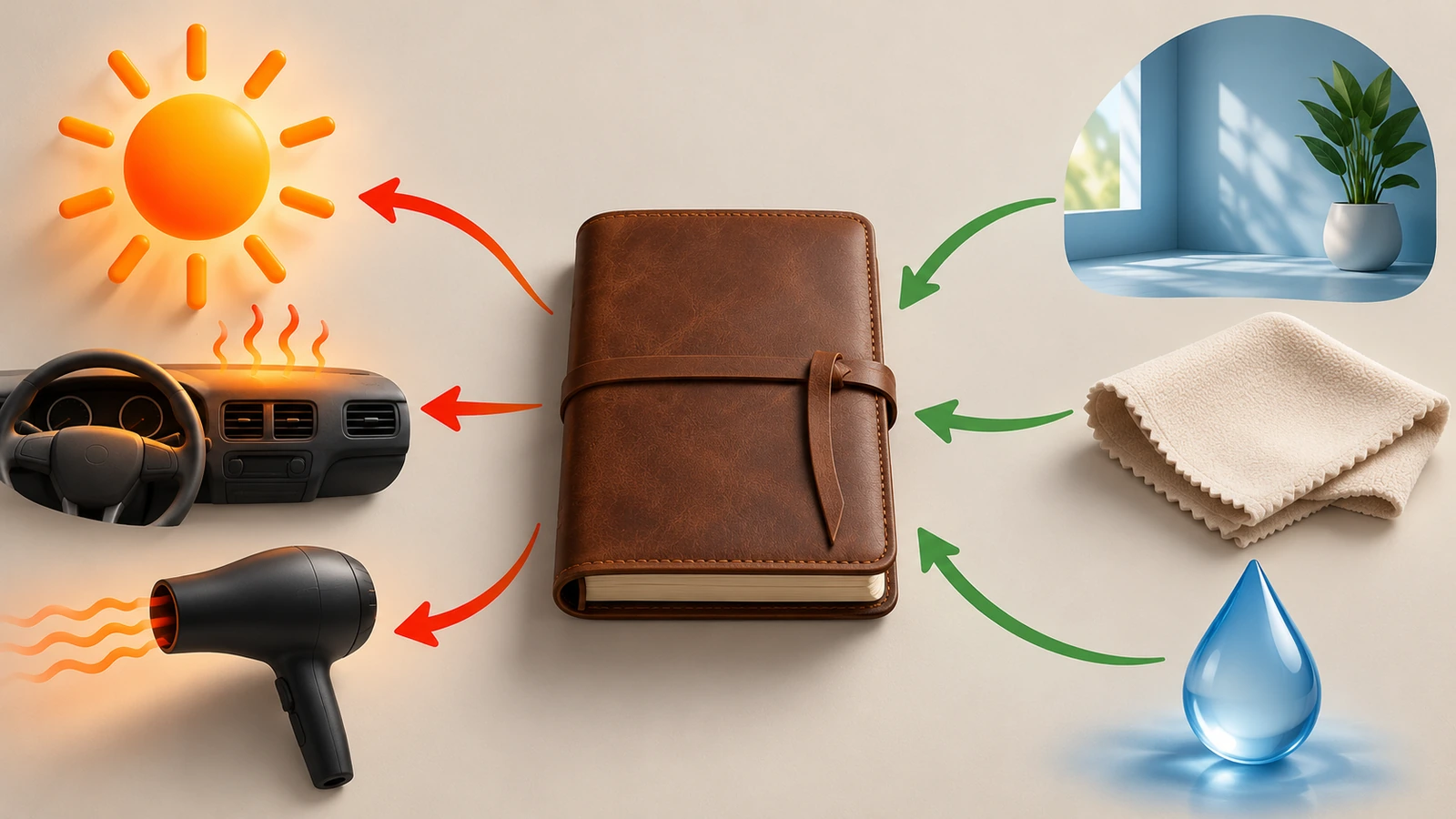 Text-free diagram of a leather journal surrounded by simple shapes for sun, water drops and a thermometer, with green arrows toward shade and red arrows away from heat