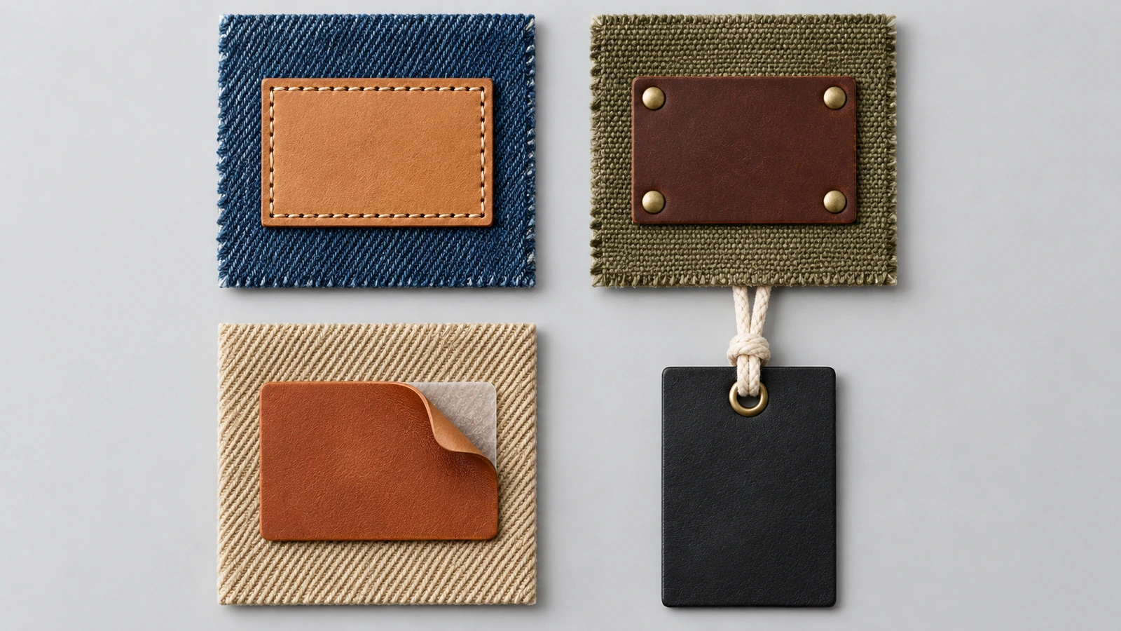 Four leather labels on fabric swatches showing the four attachment methods: perimeter stitching, corner rivets, heat-applied adhesive backing, and a looped cord hang tag