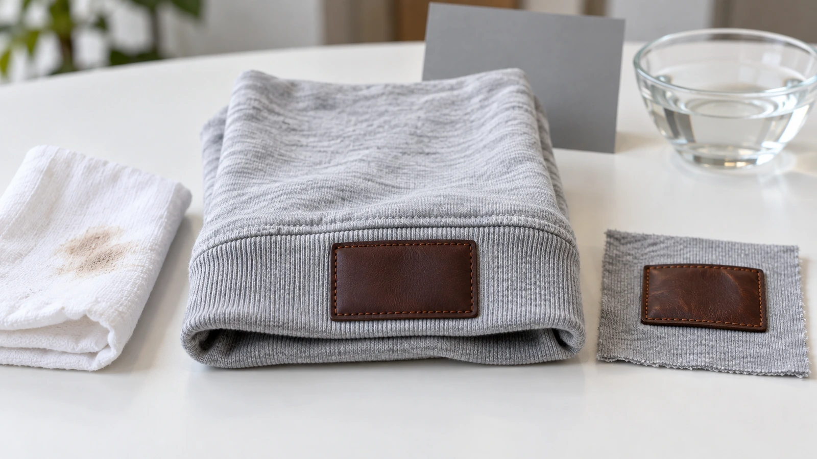 Pre-production garment with a sewn leather label beside a white rubbing cloth and a washed comparison swatch, used for checking dye transfer and edge lift