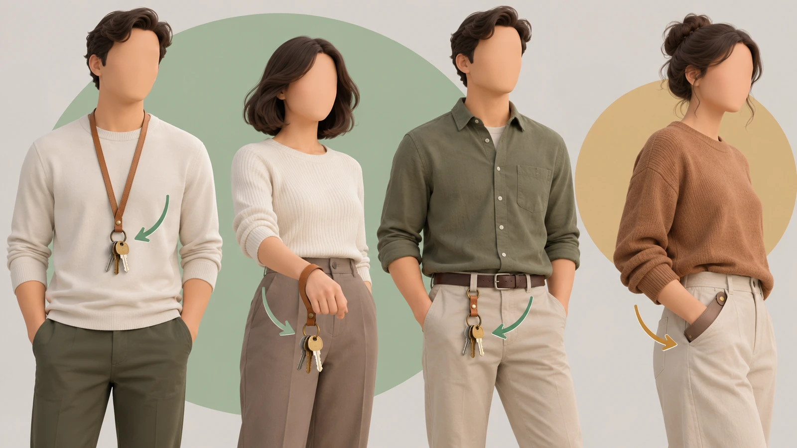 Three carry positions for a leather lanyard keyring compared with a pocket leather fob: worn at the neck, looped on the wrist, clipped to a belt loop, and tucked in a trouser pocket