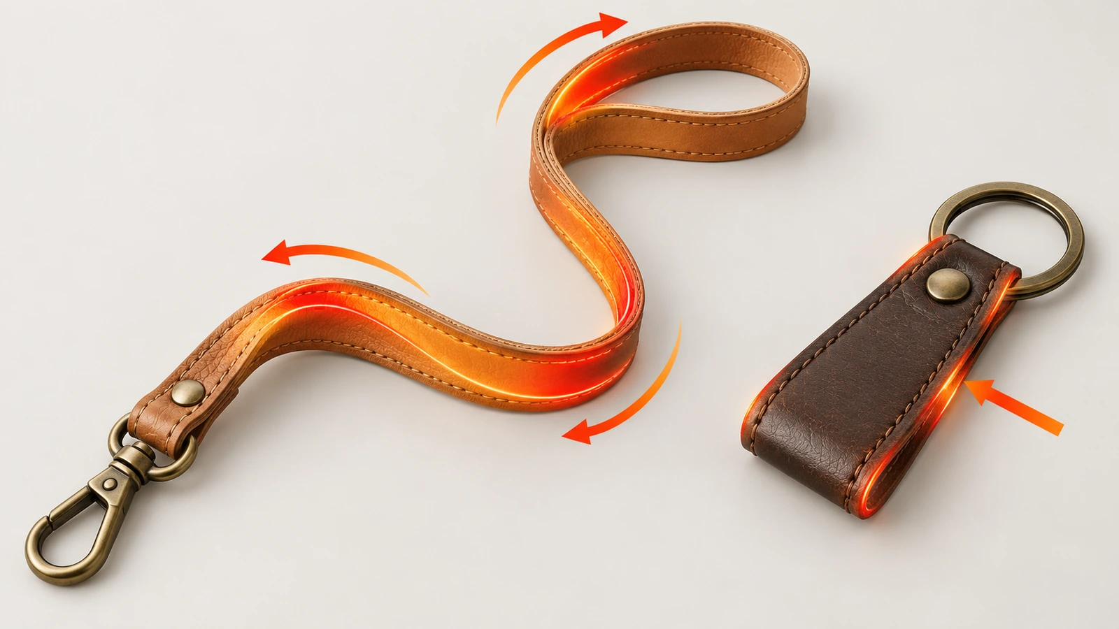 Illustration of a long leather strap and a short leather fob side by side, with warm-coloured highlight zones showing that the strap flexes along its whole length while the fob wears mainly at its edges and ring point