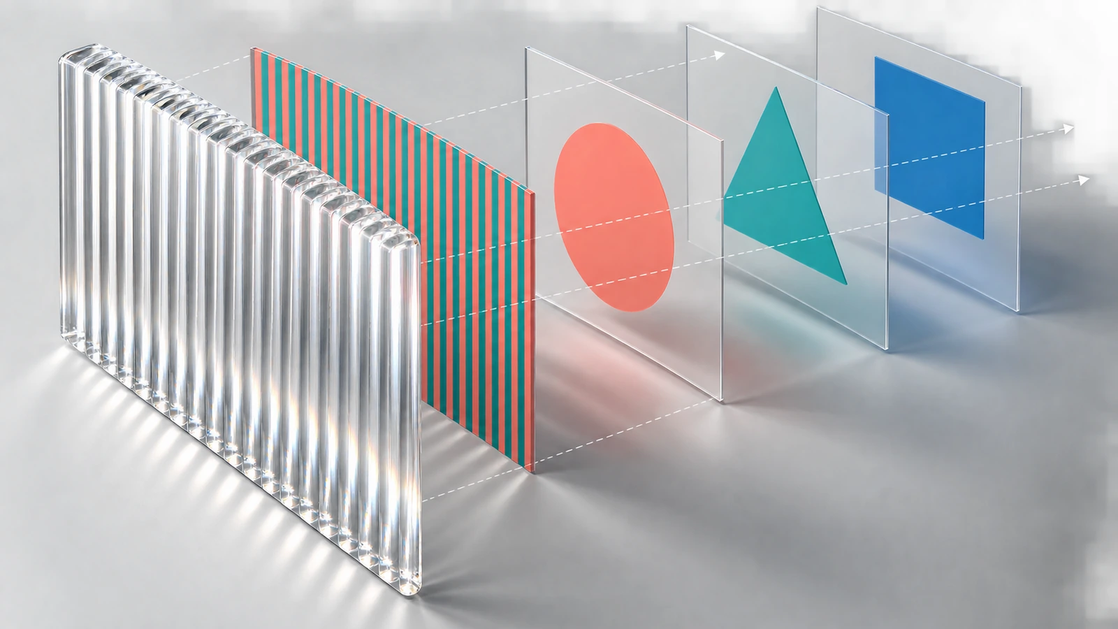 Exploded diagram of a 3D lenticular card showing ridged lens sheet, interlaced print layer and layered depth planes behind the surface