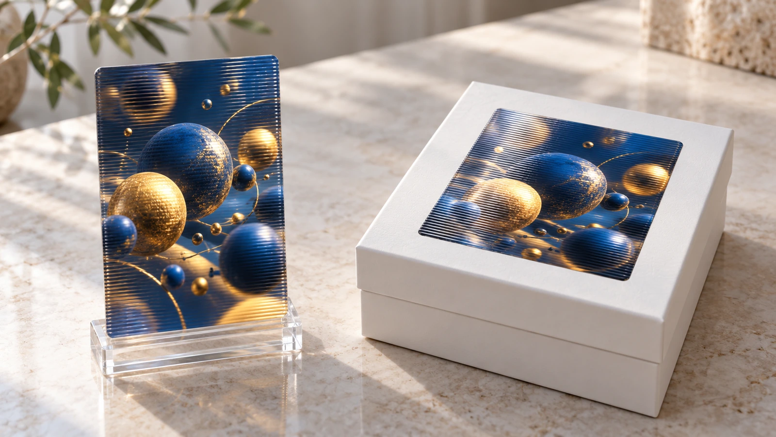 Side-by-side scene of a rigid lenticular card standing upright beside a lenticular sticker applied to a flat box lid