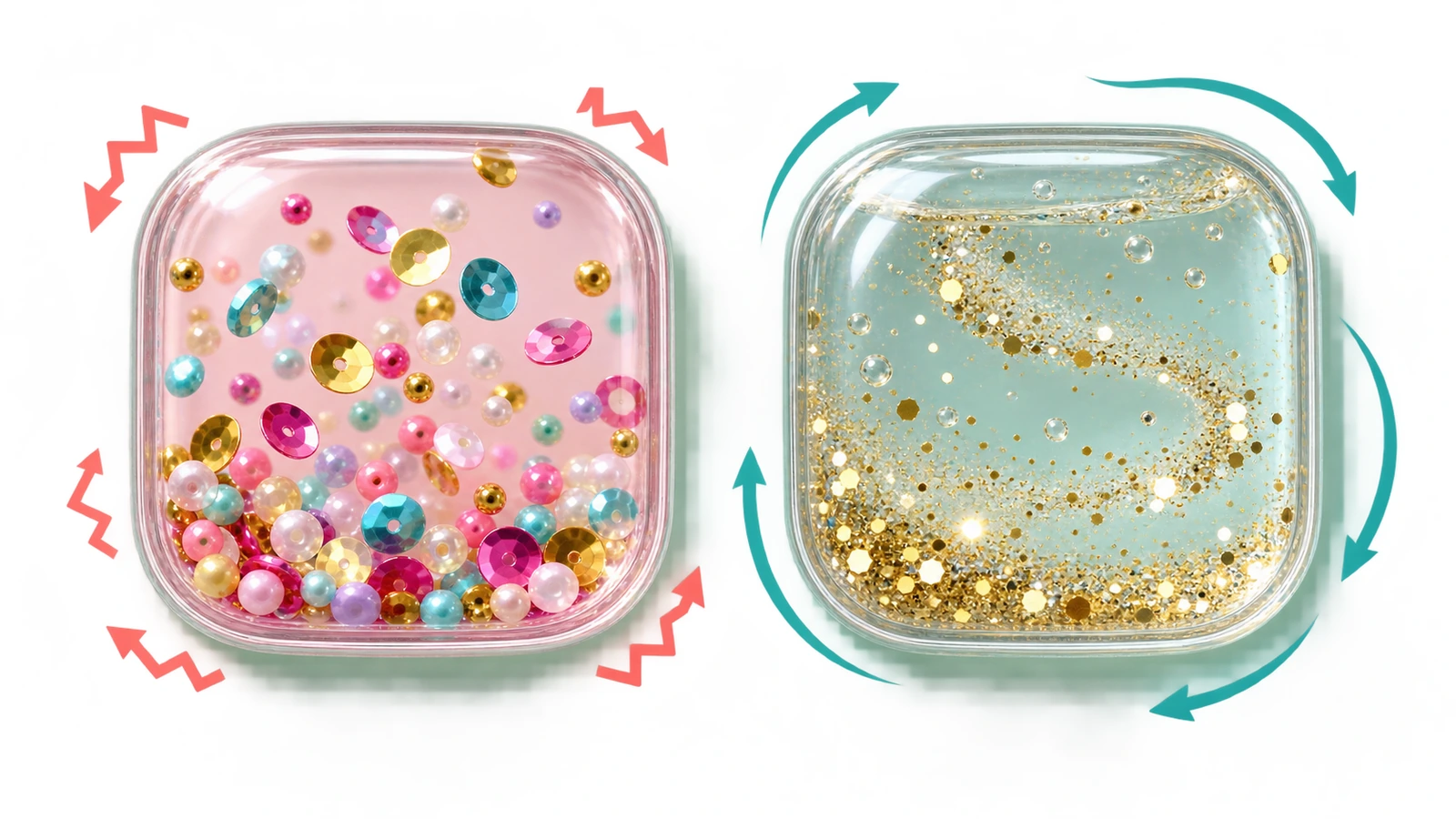 Two shaker stickers side by side: on the left, sequins tumbling in a dry cavity with short sharp motion arrows; on the right, glitter drifting slowly in liquid with long curved arrows
