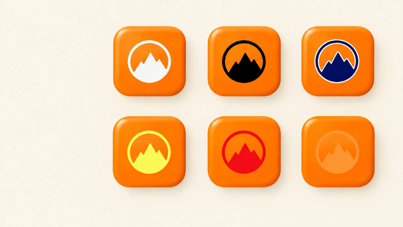 Diagram of simple logo shapes in white, black, navy, yellow and red placed on orange enamel swatches to compare legibility