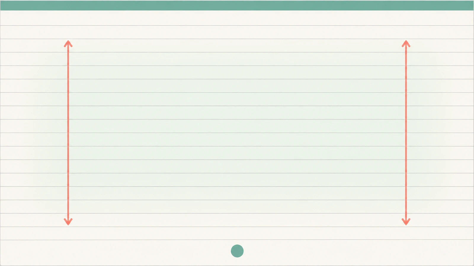 Diagram of a notebook page with a slim colored band at the top and a small mark at the bottom, with arrows showing the open writing area between them