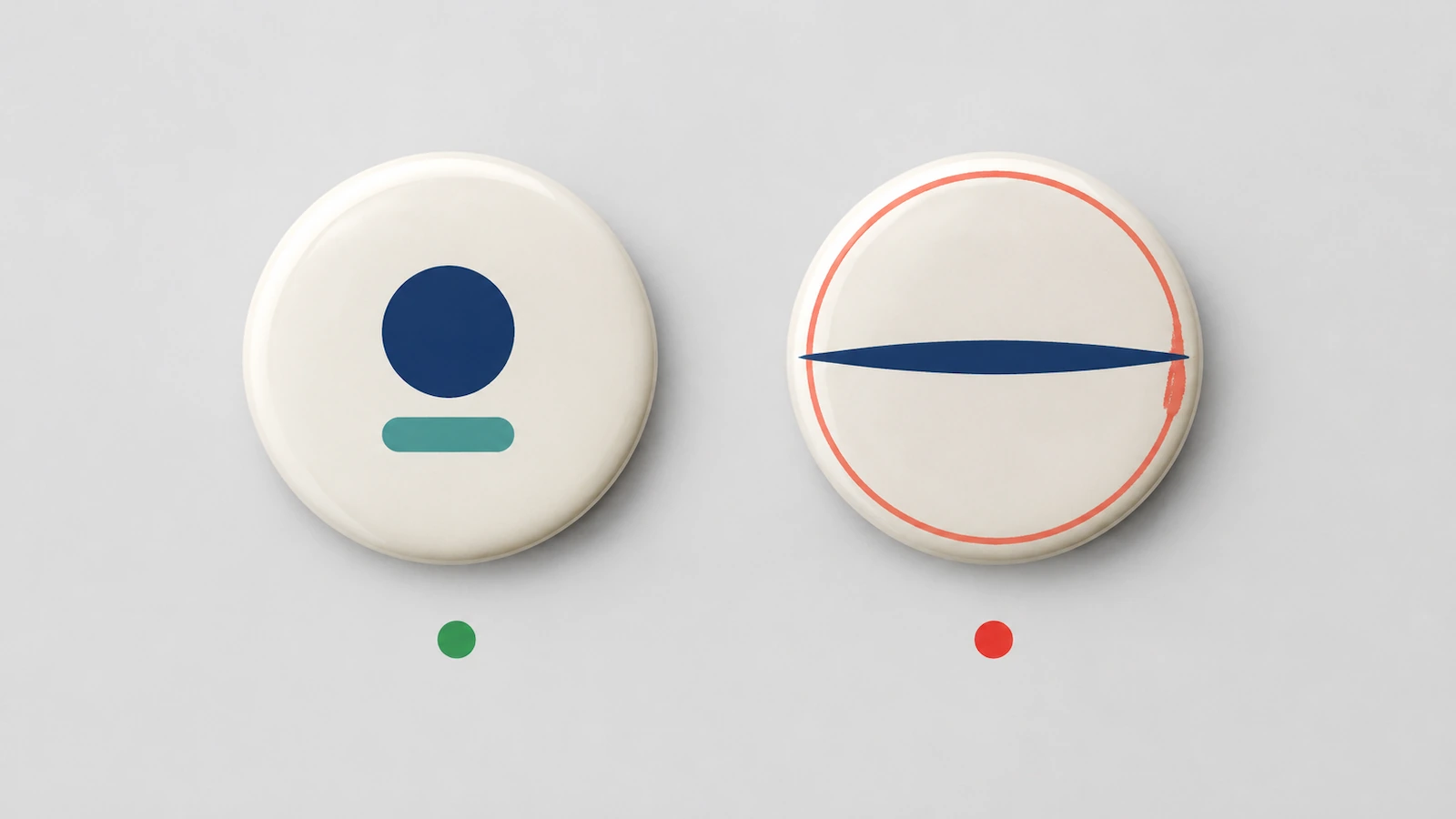 Two round buttons compared: on the left a compact stacked emblem sits centered with generous margin and a green dot below; on the right a wide horizontal shape and thin edge ring run into the curve with a red dot below