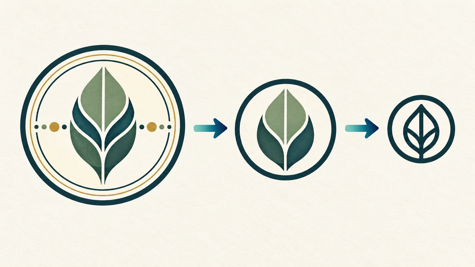 Three versions of an abstract brand emblem shown at decreasing sizes, with fine details simplified as the shape gets smaller