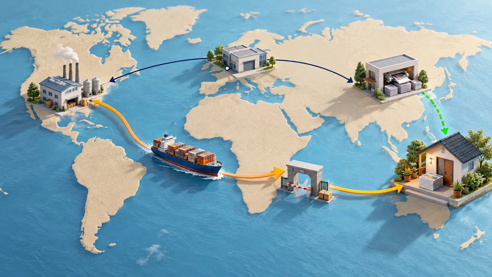 Stylized world map with short local delivery arrows from a nearby print shop and a long ocean route from a distant factory, converging on a reader's doorstep