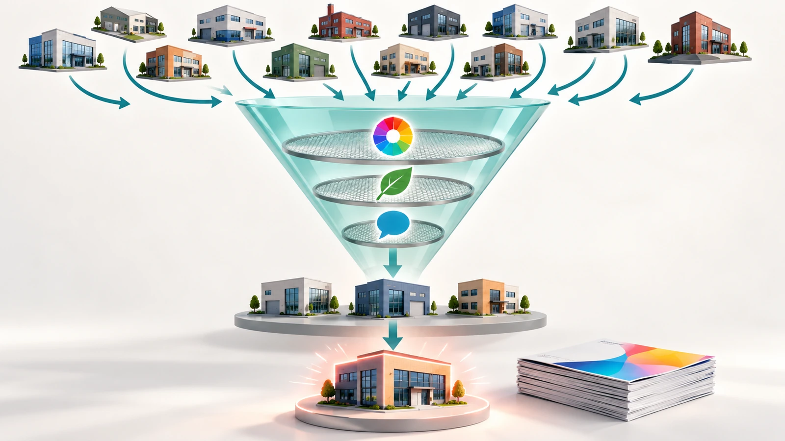 A wide funnel narrowing many printer icons into three candidates and then one selected partner, with arrows marking each filtering stage