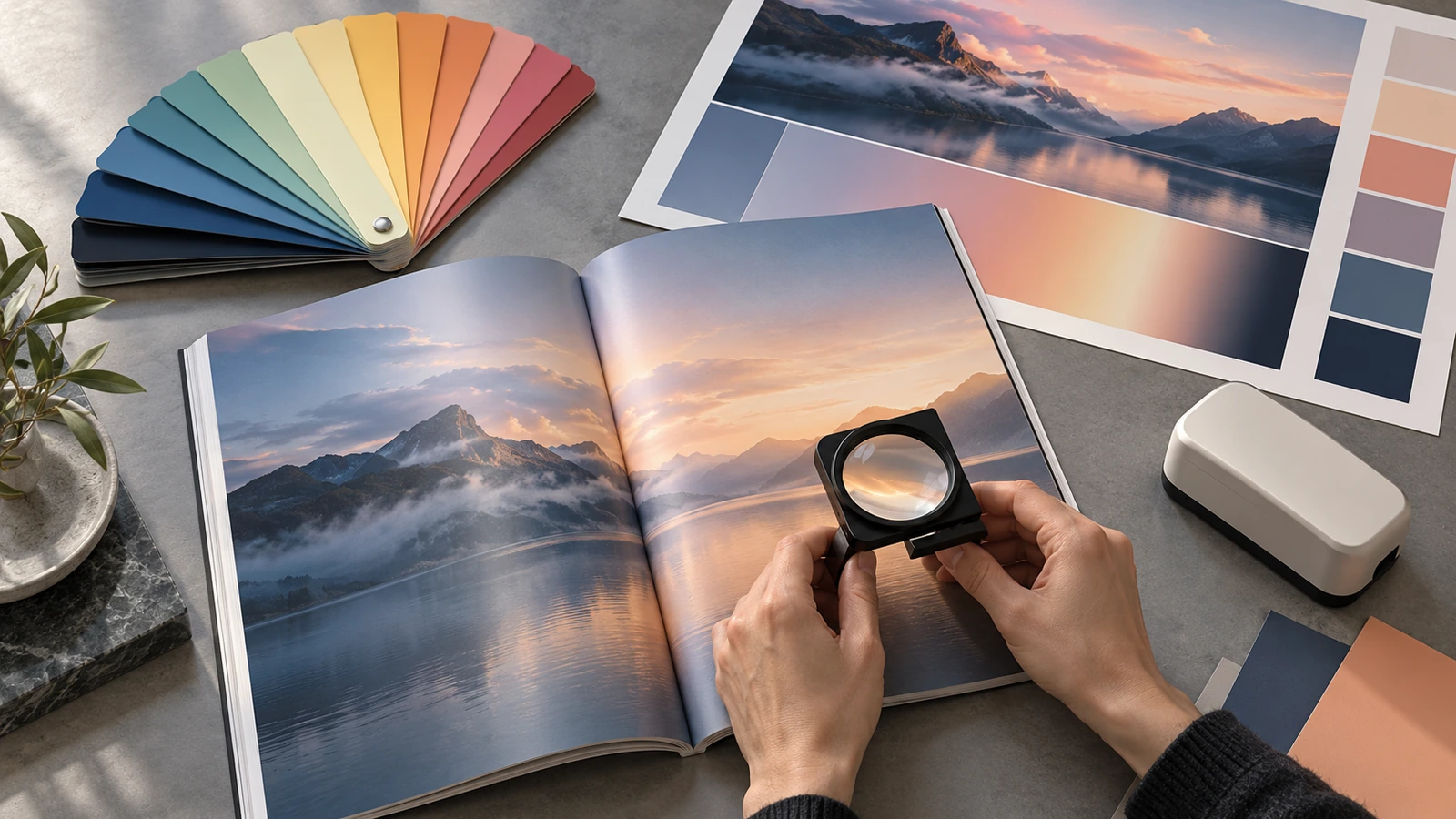 Hands examining an open printed magazine sample with a loupe beside a color reference swatch fan and a hard proof sheet on a light table