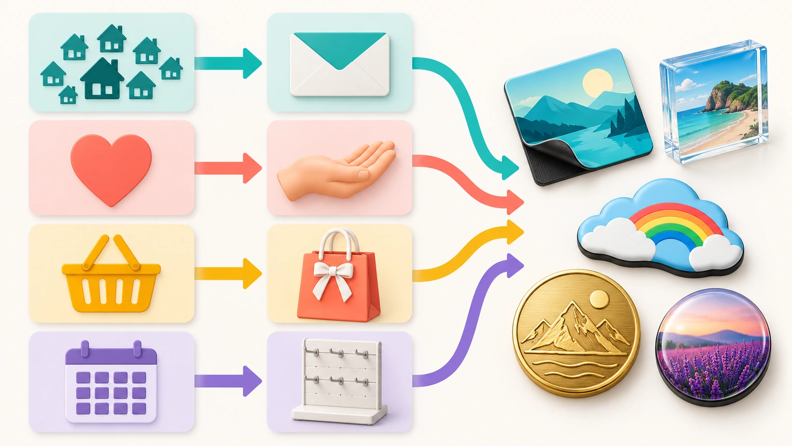 Decision flow diagram using colored shapes and arrows that move from campaign goal to distribution channel to the recommended fridge magnet format