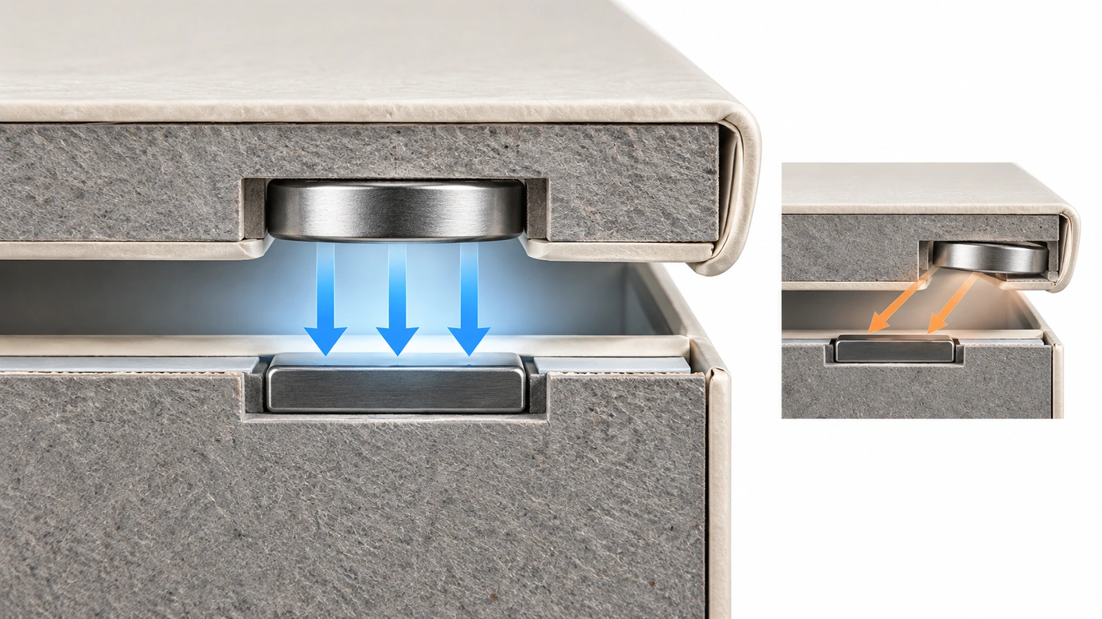 Cross-section diagram of a closed lid showing a recessed magnet in the flap meeting a steel plate in the front wall, with arrows showing attraction across the board and paper gap