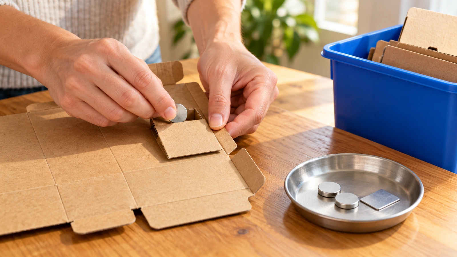 Hands peeling a small disc magnet out of a flattened paperboard box, with the magnet going into a small metal tray and the paper board going into a paper recycling bin
