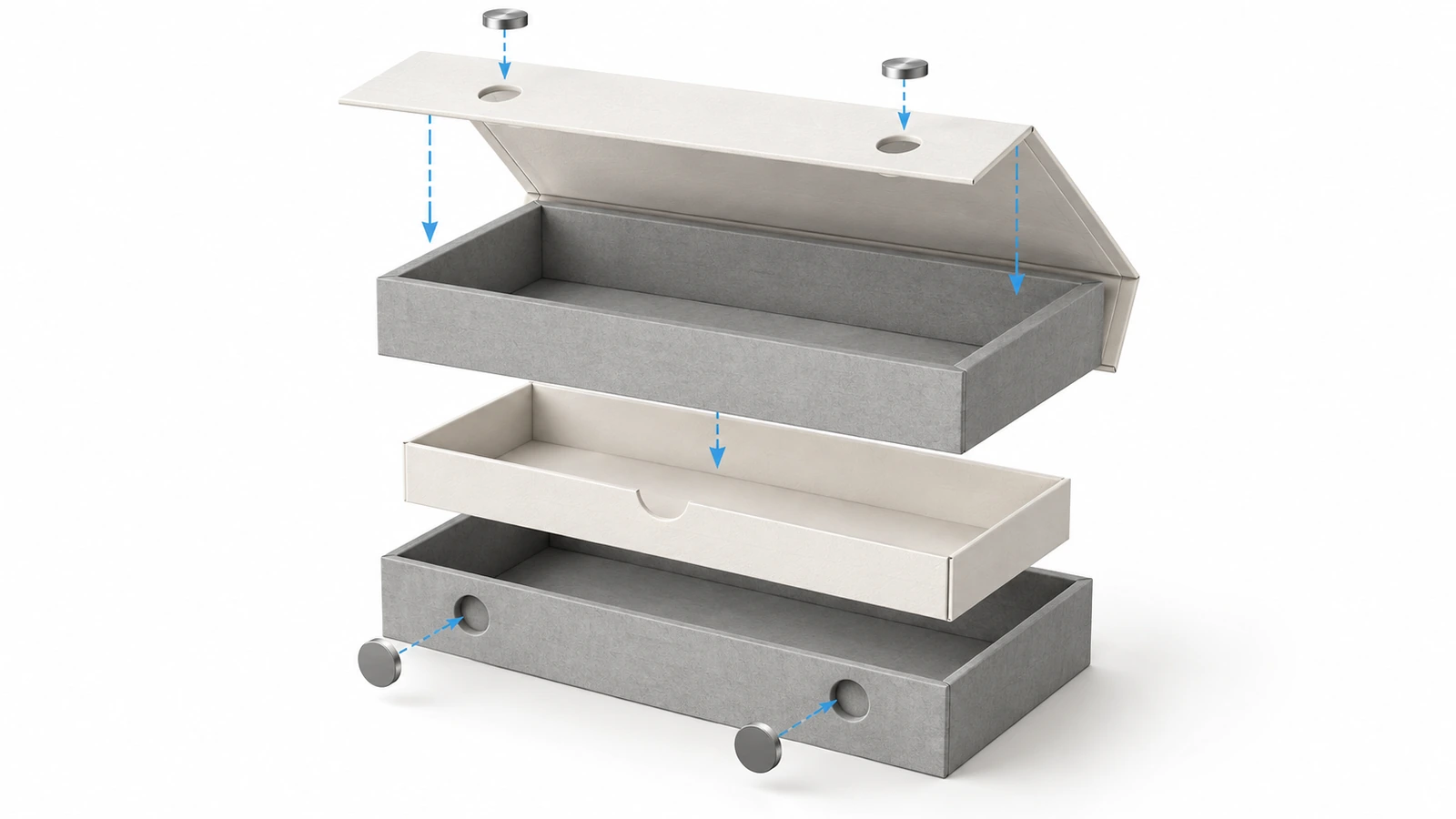 Exploded view of a magnetic closing box showing greyboard shell, wrap paper layer, recessed disc magnets in the lid and steel counterplates in the front wall