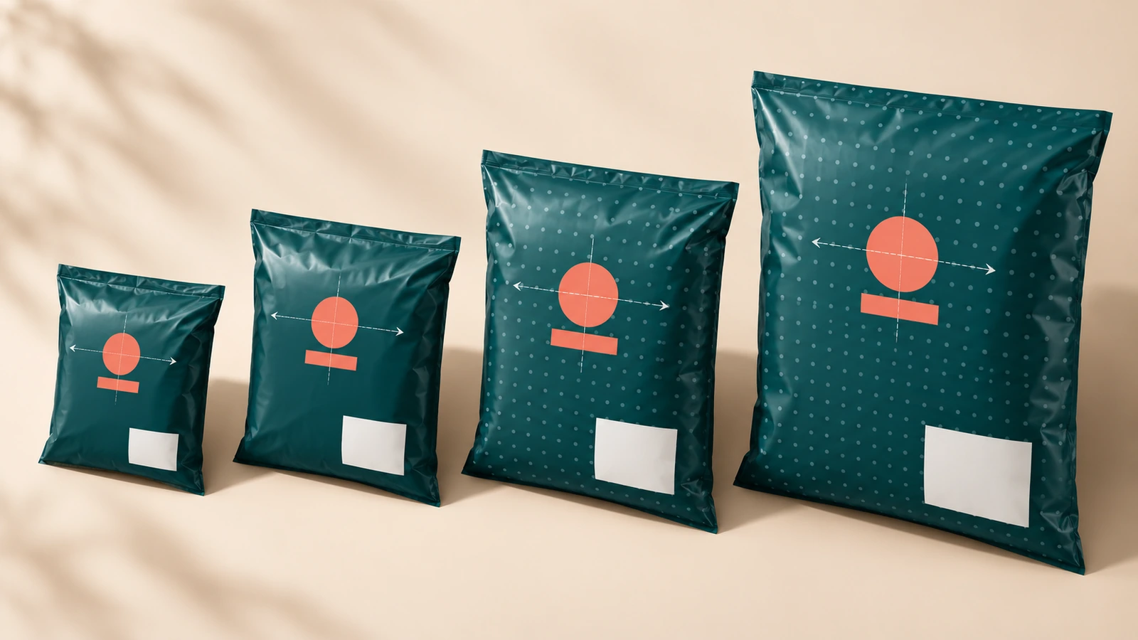 Family of branded poly mailers in graduated sizes, with the brand shape held on the same proportional anchor point, connected by alignment arrows