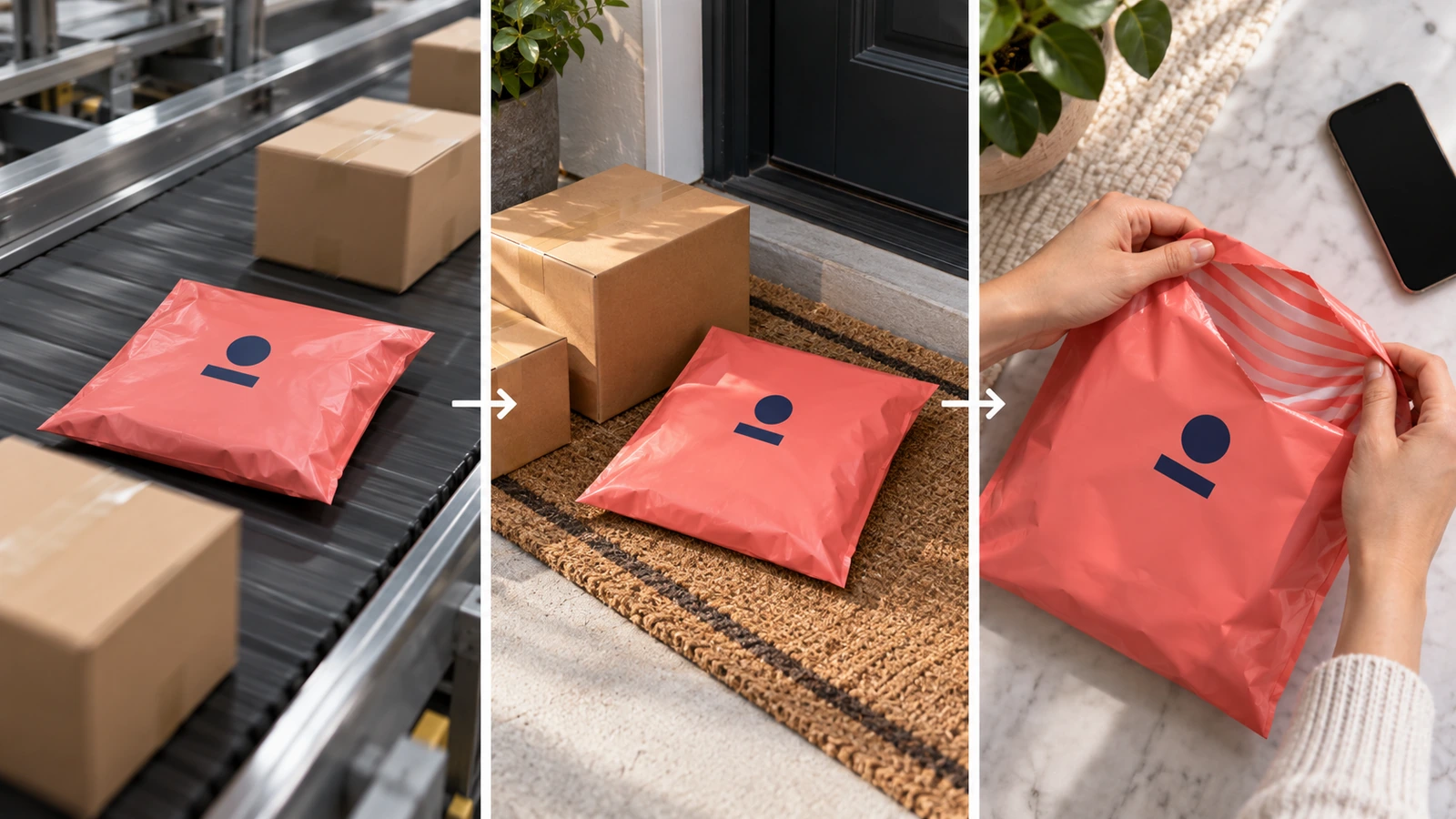 Three viewing moments for a branded poly mailer: on a sorting conveyor, on a doorstep among other parcels, and held open in a customer's hands