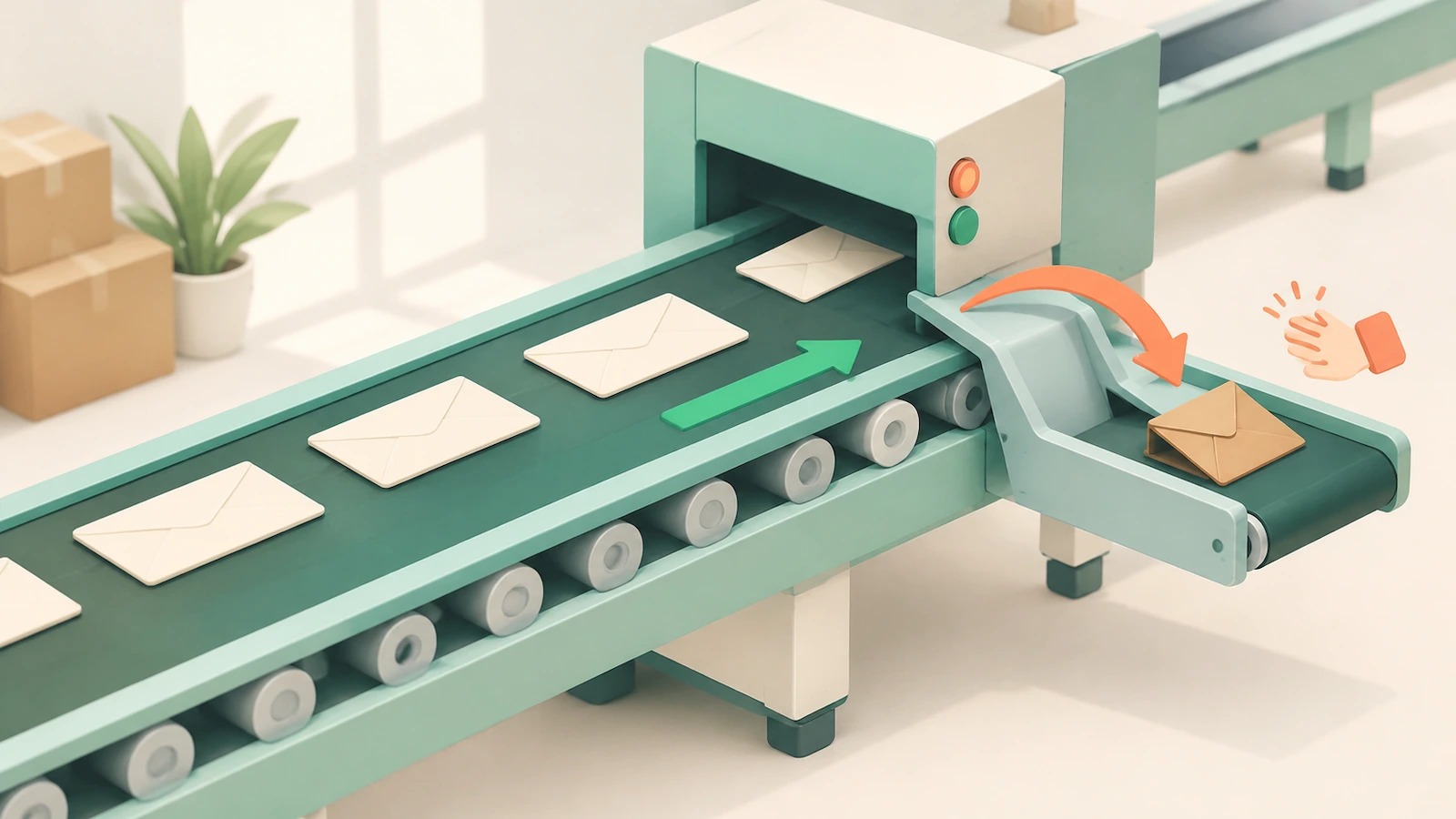 Illustration of a rectangular envelope moving straight along a sorting conveyor while a square envelope is diverted onto a separate manual path