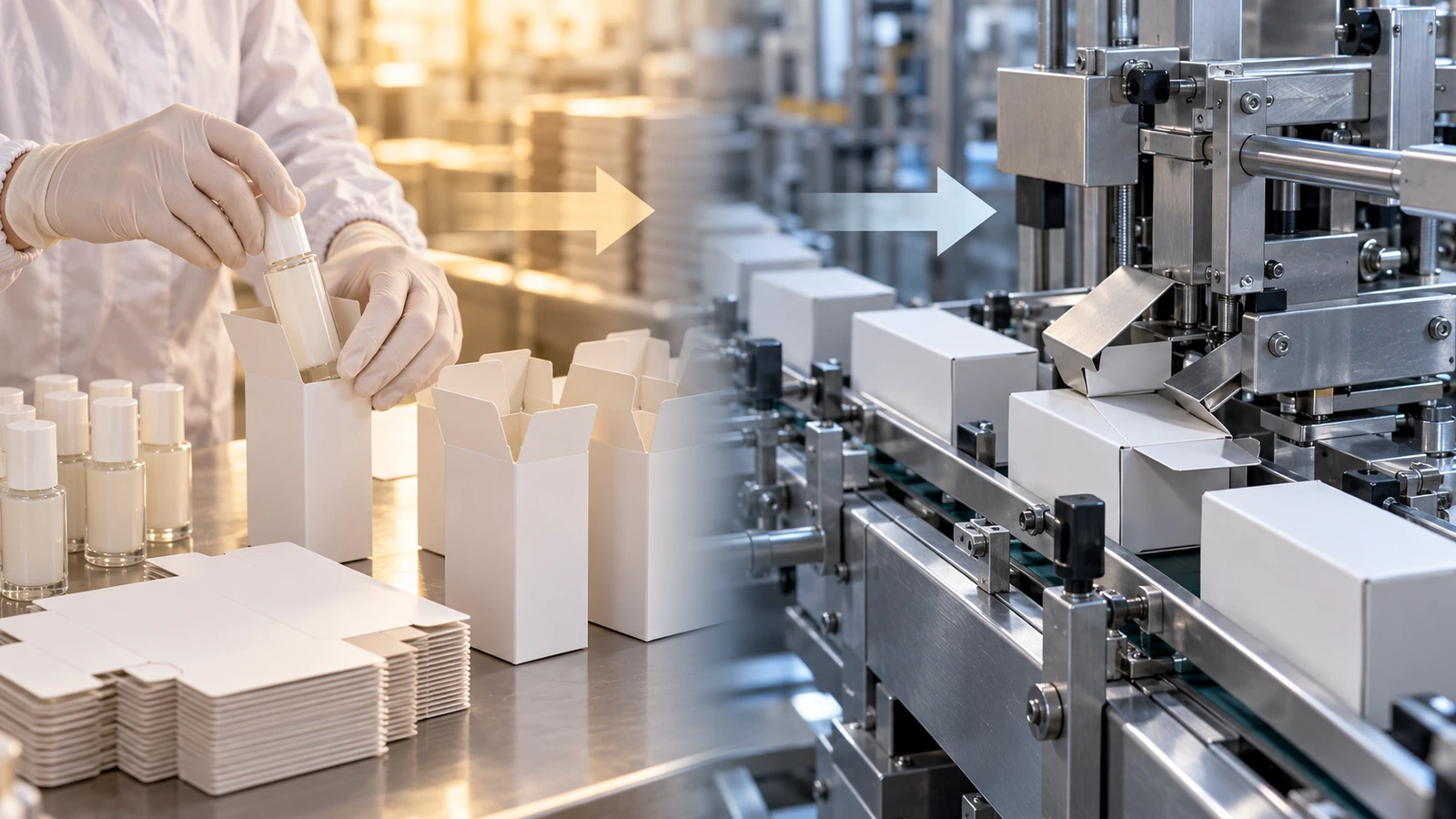 Split scene comparing a hand-packing bench with flat cartons being erected and an automated cartoner line feeding cartons along a conveyor