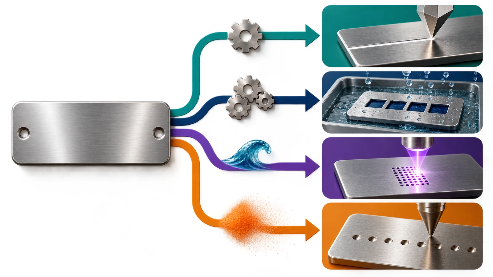 Decision diagram showing four marking paths for stainless nameplates chosen by volume, data variability and environment