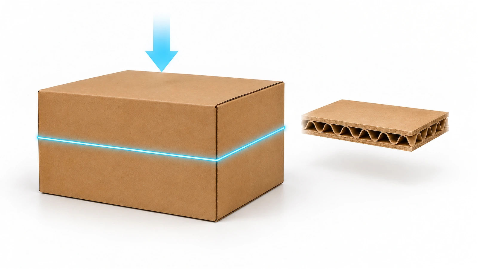 Corrugated box with a glowing loop tracing its perimeter beside a magnified cross-section of board showing liners and fluted medium, representing the McKee formula inputs