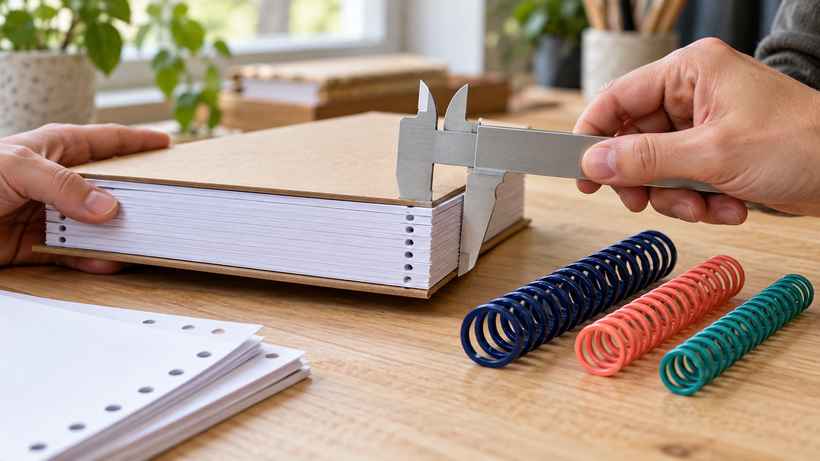 Hands measuring the thickness of a stacked notebook book block and covers with an unmarked caliper before choosing a coil size