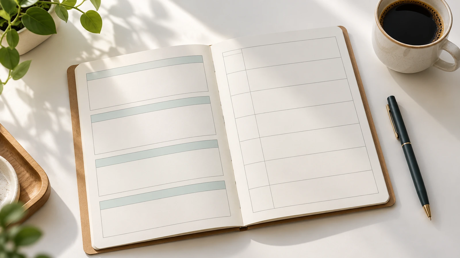Open notebook with a meeting template on the left page and a weekly planner grid on the right, shown with simple shaded blocks and lines