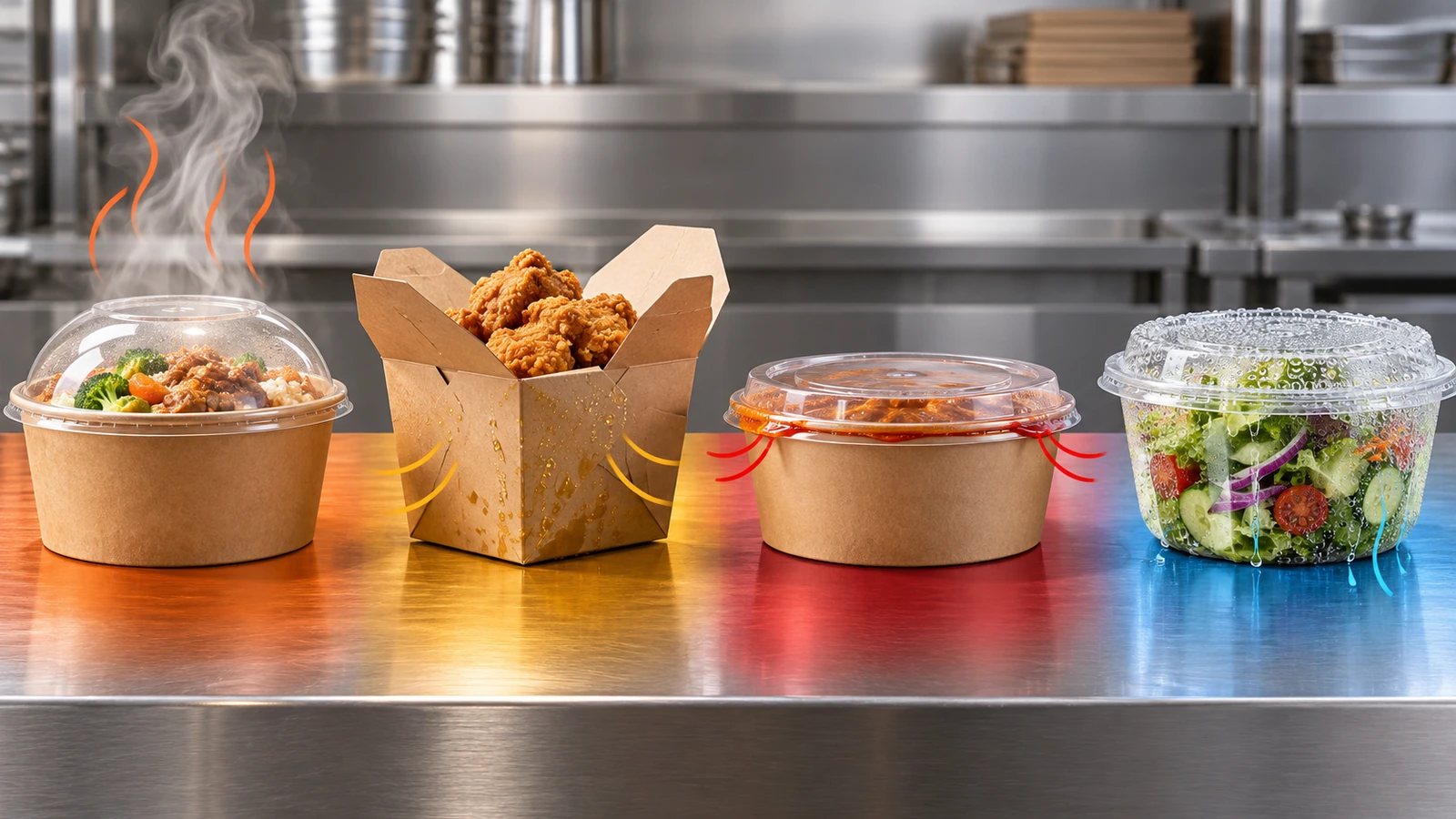 Four takeout containers on a kitchen counter showing four menu failure modes: rising steam from a hot meal, oil droplets on a fried item, a sauce pooling at a lid seam, and frost beads on a cold salad