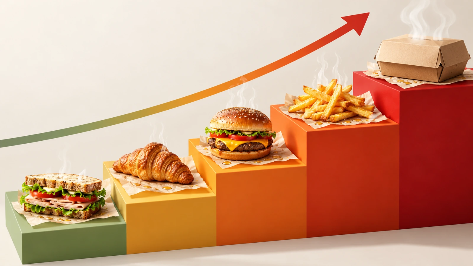 Staircase illustration of takeaway foods rising from a croissant and sandwich to fries and a closed delivery box, with oil droplets and heat waves increasing on each step to show rising grease barrier demand