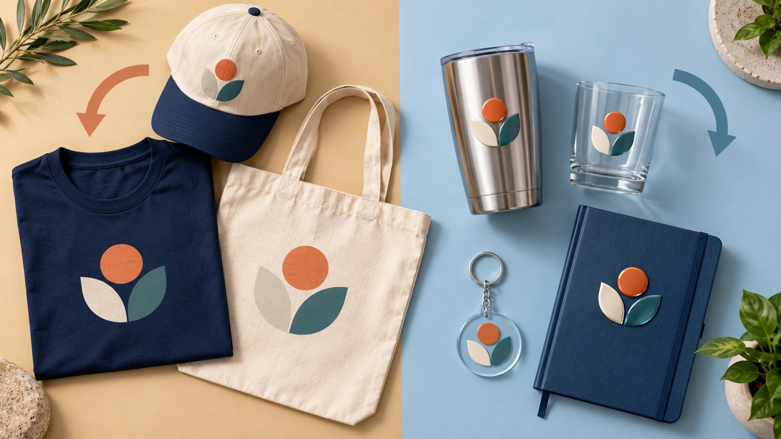 Merch kit flat lay sorted into a fabric zone with t-shirt, tote and cap and a hard-goods zone with tumbler, glass, acrylic keychain and notebook