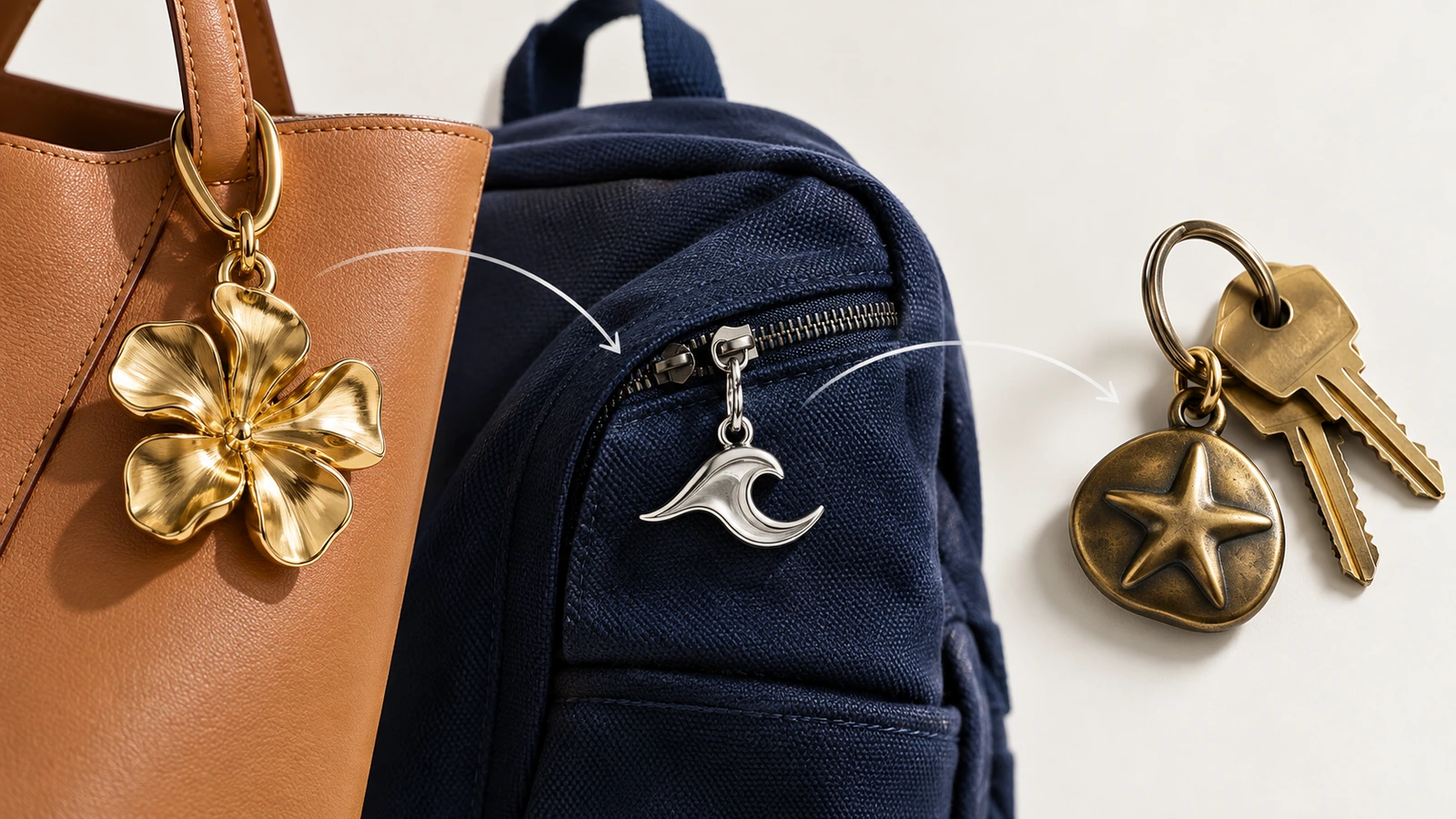 Three metal keychain charm formats compared: a sculpted bag charm hanging from a tote handle, a flat zipper pull on a backpack zip, and a rounded key-ring charm with keys