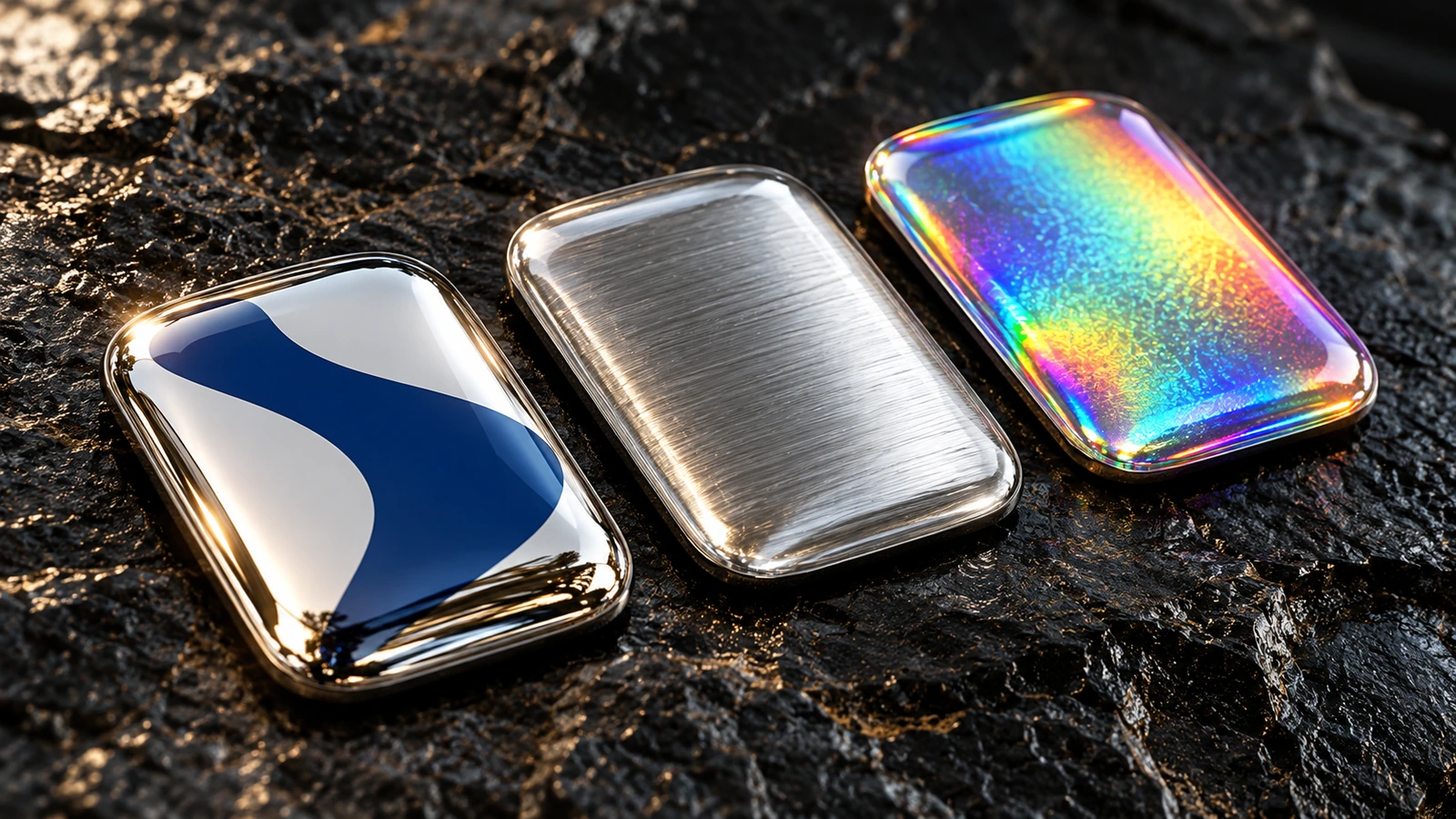 Macro view of three domed stickers on chrome, brushed metal and holographic base films reflecting light through clear resin