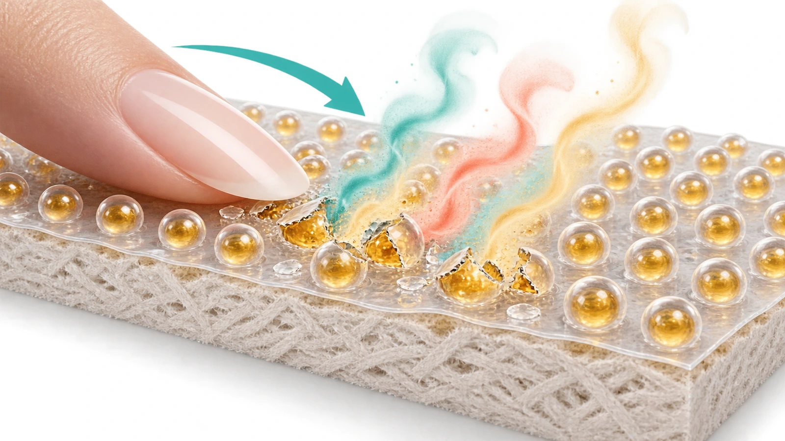 Illustrated cross-section of fragrance microcapsules sitting on a paper surface, some intact and some broken open by a fingernail with scent wisps rising