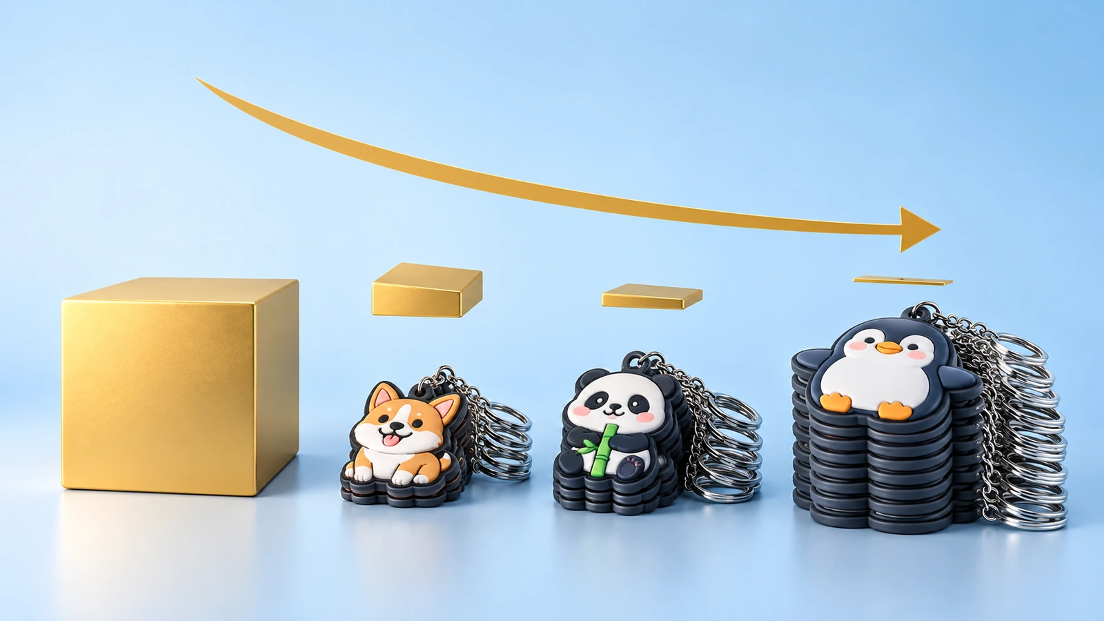 One fixed tooling block divided across growing stacks of keychains, showing the per-piece mold share shrinking as quantity rises
