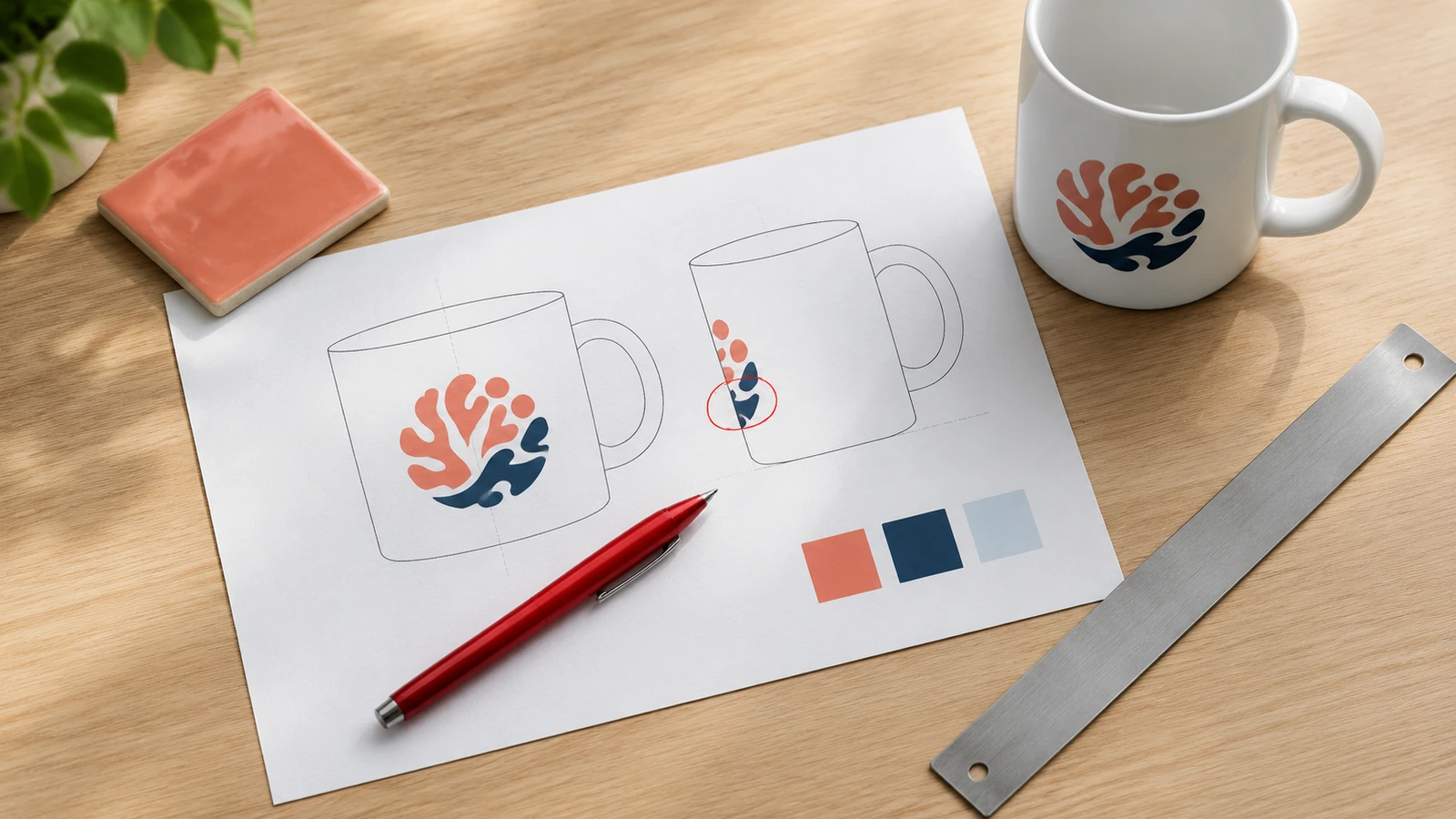 Flat lay of a printed mug proof sheet with abstract logo shapes, a red pen, a ruler and a white ceramic mug on a light desk