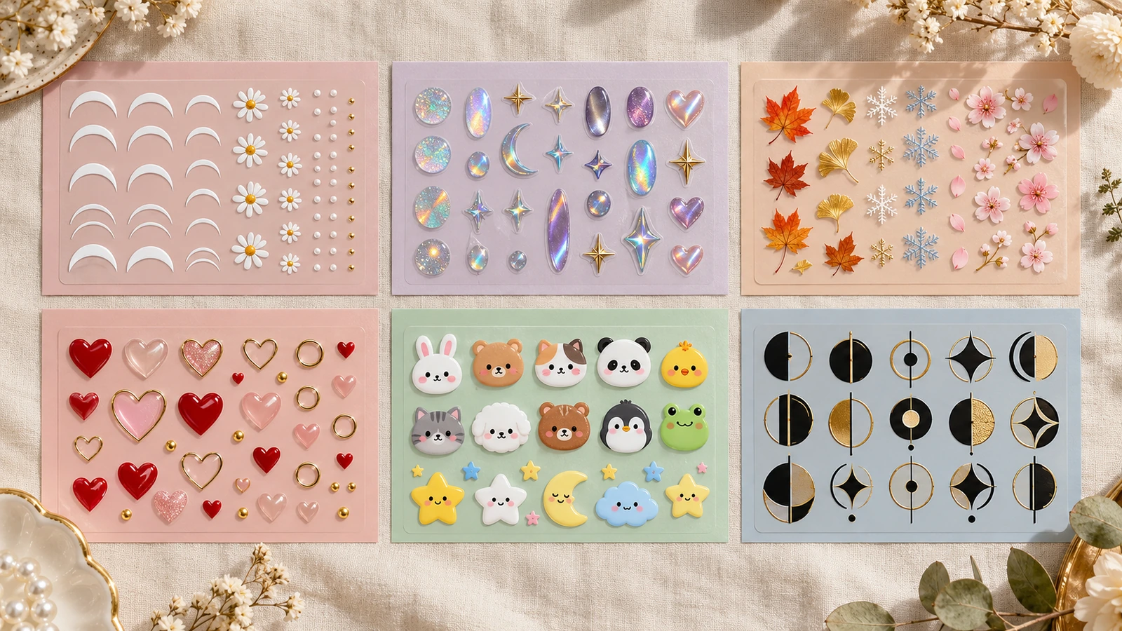 Flat lay of six groups of nail design stickers: classic French tips and daisies, iridescent trend effects, seasonal leaves and snowflakes, occasion hearts and rings, playful character-style shapes, and a minimal brand monogram motif