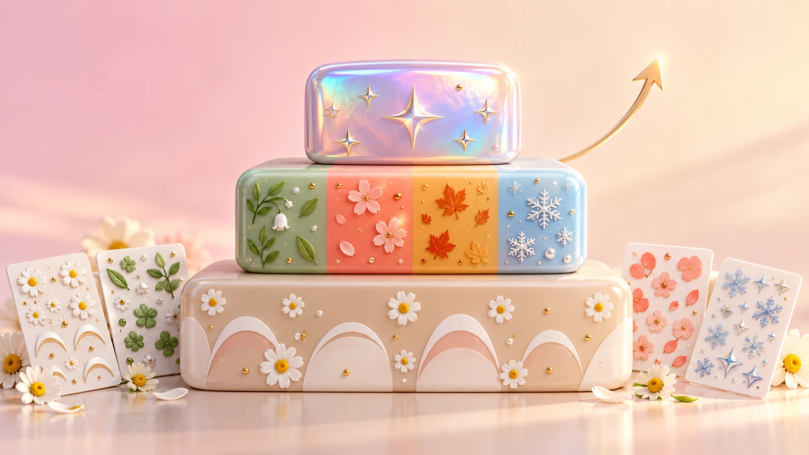 Three stacked color blocks representing a nail sticker collection: a wide neutral base for evergreen designs, a middle band of seasonal colors, and a small bright top block for limited drops