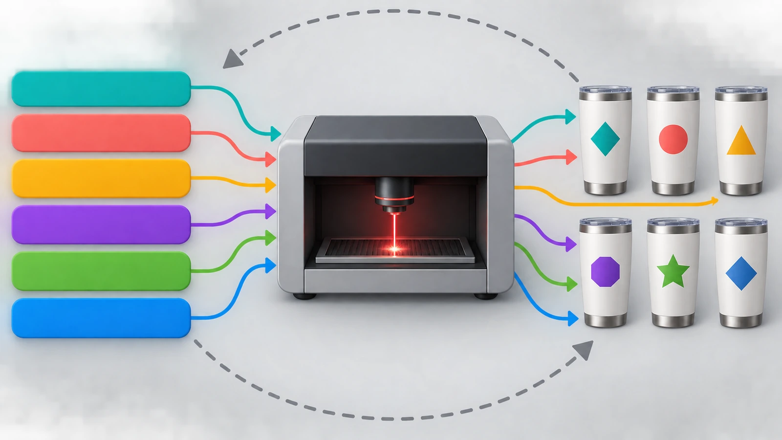 Diagram showing colored data rows flowing through arrows into a laser engraving station and out as individual tumblers, each matched to its own colored row