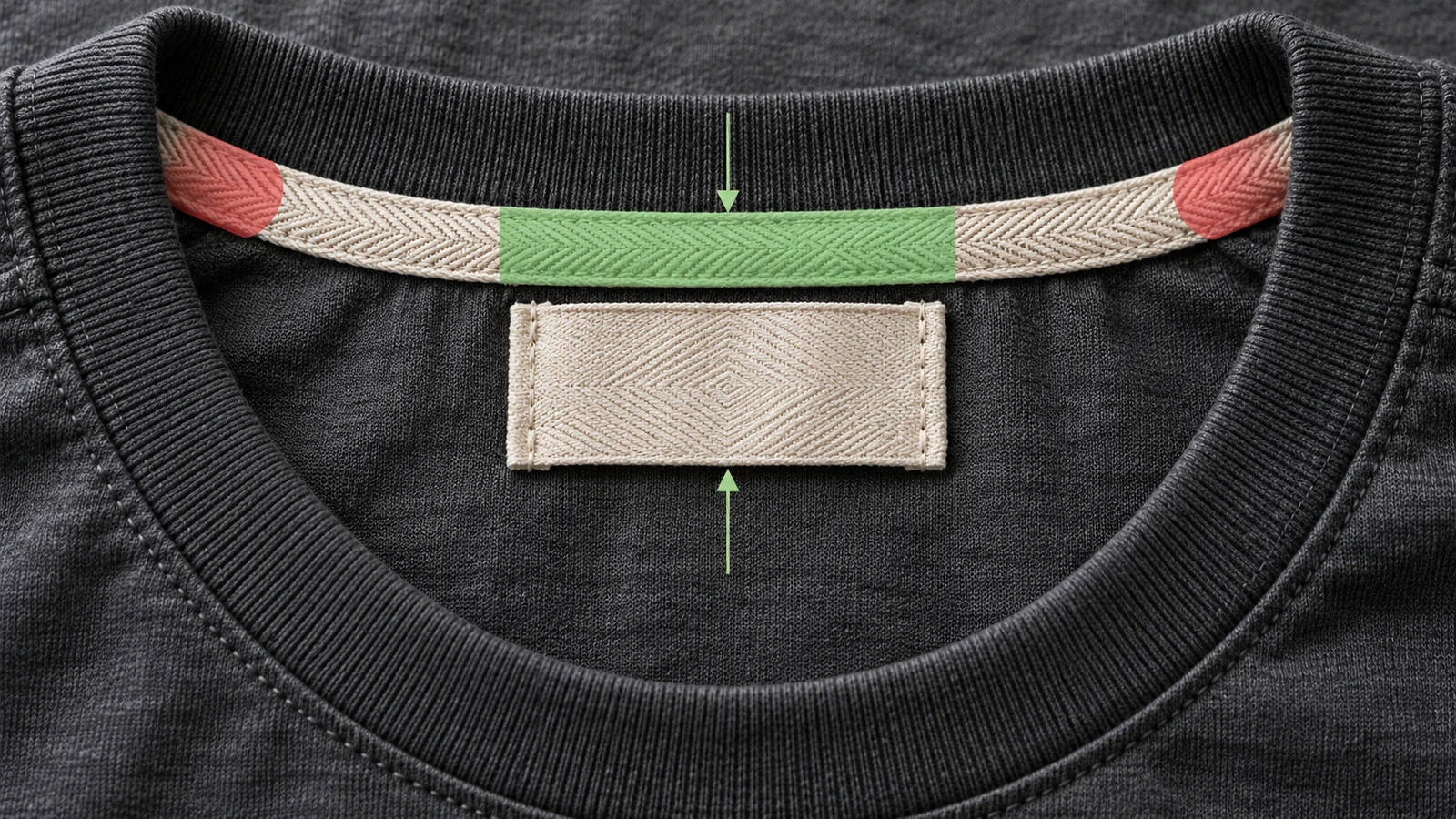 Close-up of the inside back neck of a T-shirt with a blank woven label centered between the shoulder seams and aligned under the back-neck tape, with colored guide shapes marking the flat stitching zone