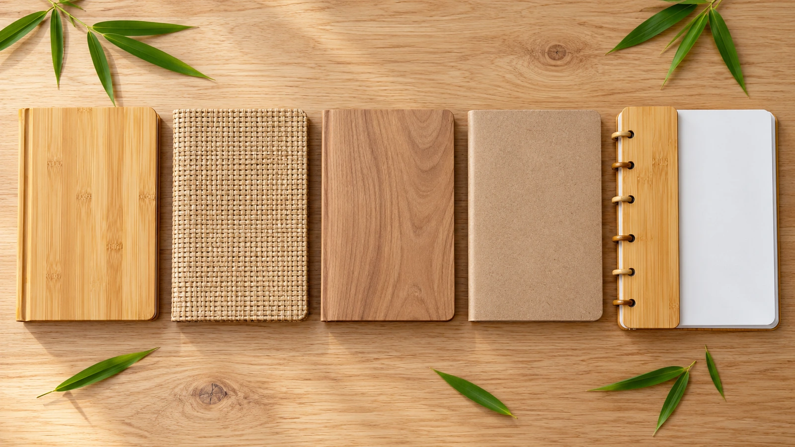 Flat lay comparing a solid bamboo cover notebook, a bamboo fiber fabric notebook, a wood-grain synthetic notebook, a recycled kraft notebook and a reusable bamboo-shell notebook