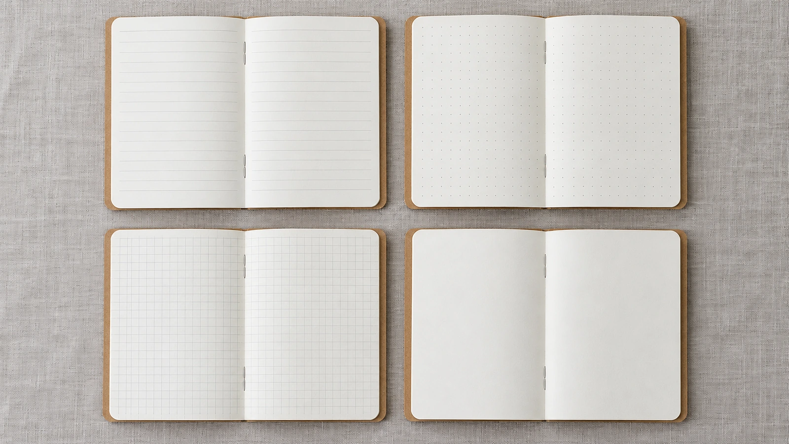 Four open notebooks side by side showing ruled, dot grid, square grid and blank inner page formats