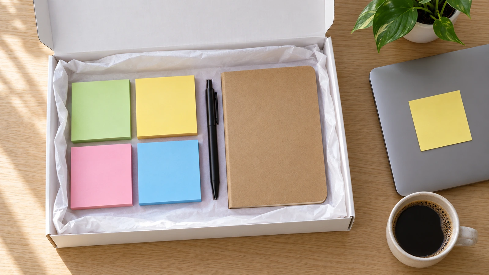 Top-down photo of an open client welcome box holding a colored note pad set, a pen and a notebook on a light wooden desk, with one sheet already stuck to a laptop edge