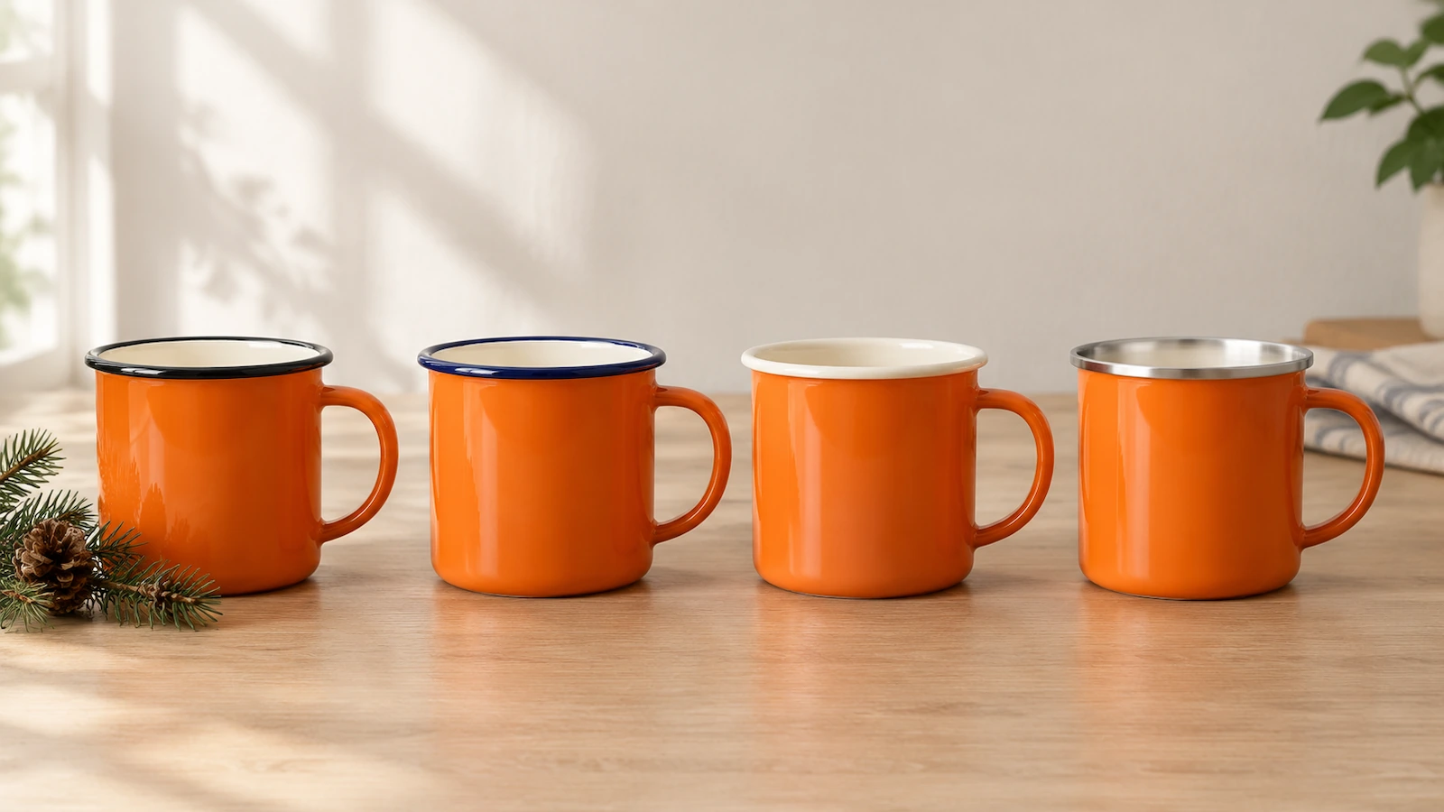 Four orange enamel camp mugs side by side with black, navy, cream and stainless steel rims showing how rim color changes the retro look