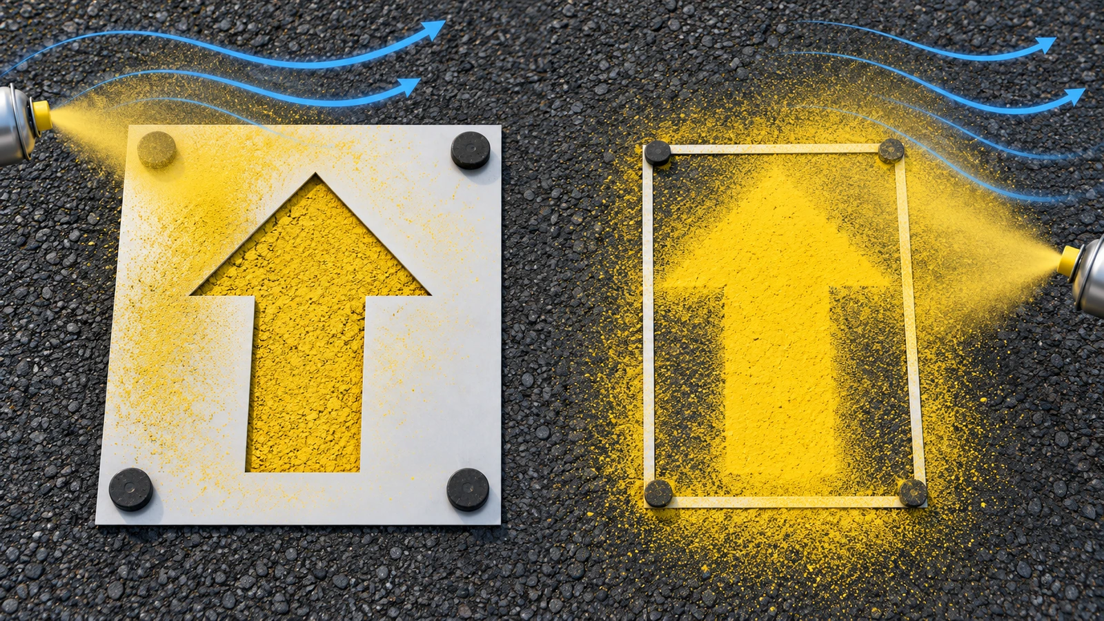 Top-down illustration of a pavement arrow stencil with a wide solid border catching drifting spray mist, beside a narrow-border stencil letting mist escape