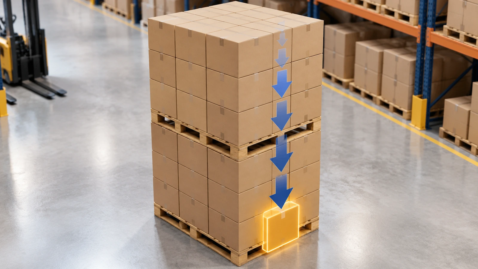 Two pallets of corrugated boxes stacked on top of each other with downward arrows growing heavier toward the bottom box of the lower pallet, showing how top load accumulates