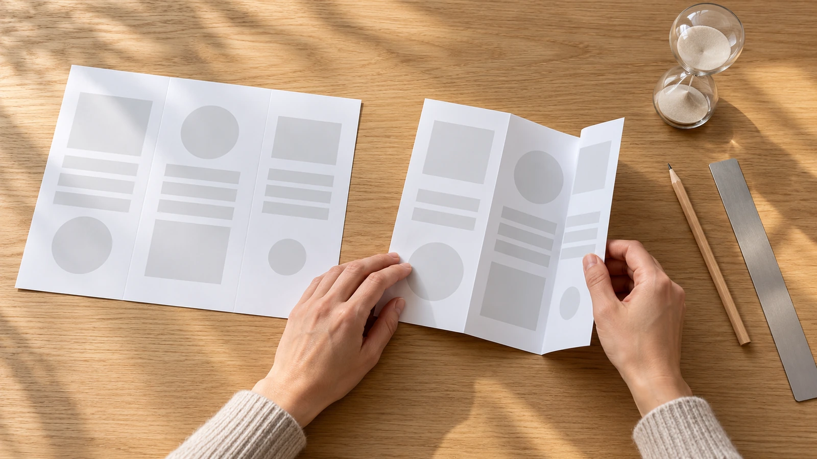 Hands folding a plain paper mock-up of a tri-fold leaflet next to a flat mock-up flyer and a small hourglass on a desk