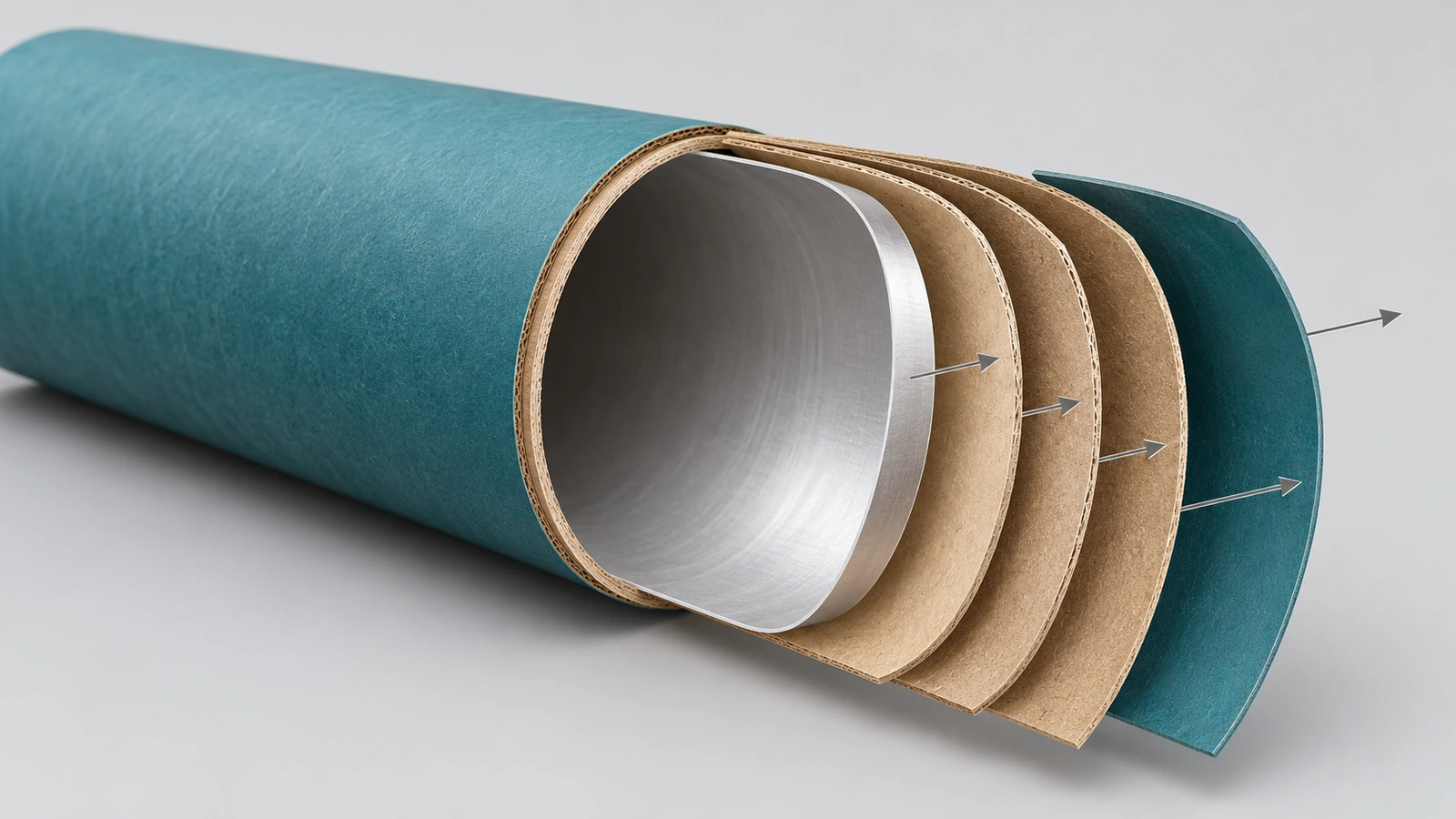 Cutaway of a paper tube wall showing the inner liner, structural paperboard plies and outer printed wrap as separate colored layers