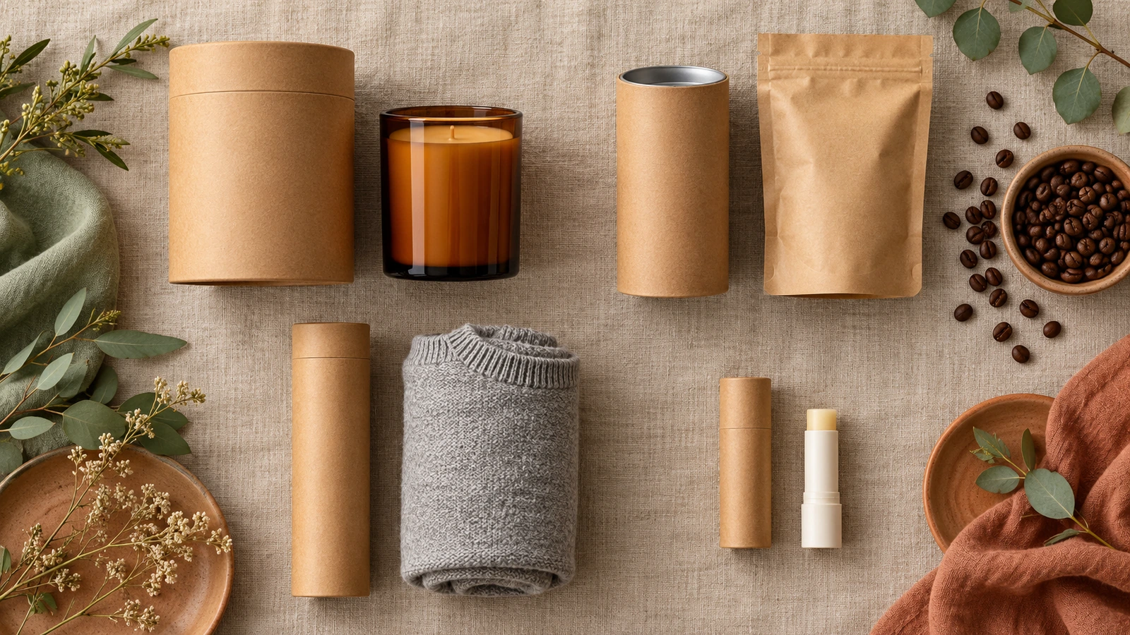 Paper tubes of different diameters and wall thicknesses arranged beside a candle jar, a coffee pouch, a rolled garment and a lip balm stick