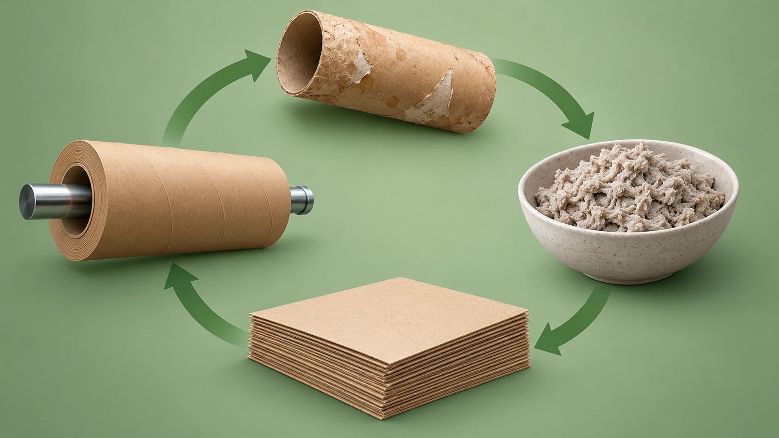 Circular flow of arrows linking a paper tube, paper fiber pulp, flat paperboard and a newly wound tube